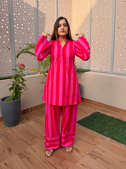 Red & Pink Stripes Farshi Cord Set