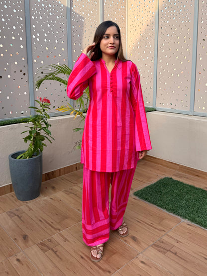 Red & Pink Stripes Farshi Cord Set