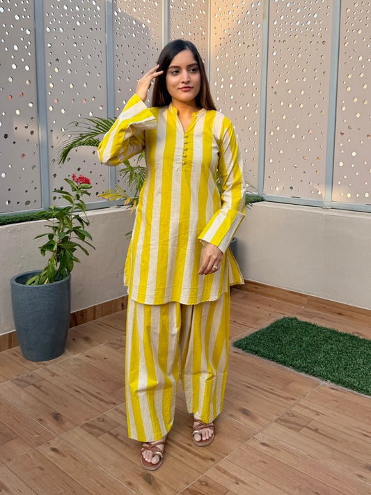 Yellow & Ivory Stripes Farshi Cord Set