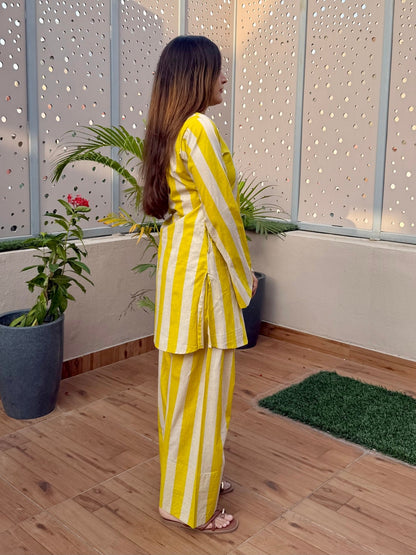 Yellow & Ivory Stripes Farshi Cord Set