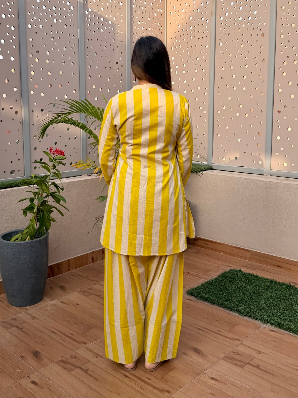 Yellow & Ivory Stripes Farshi Cord Set