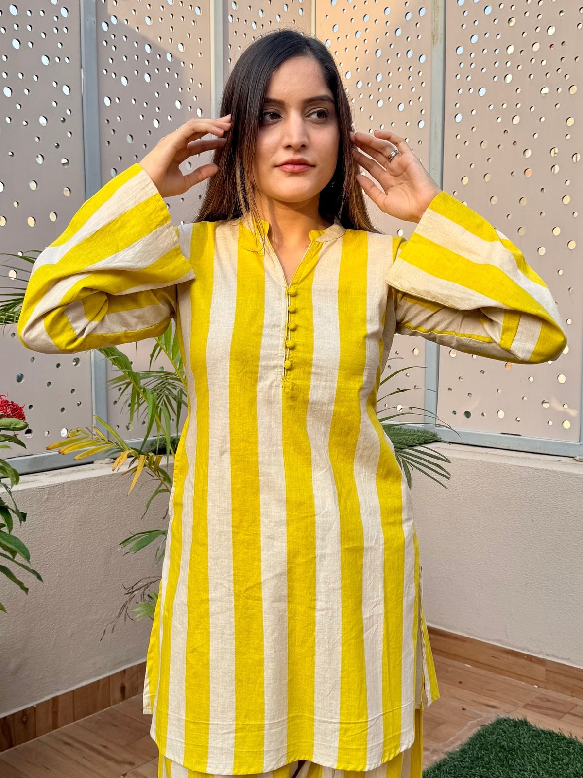 Yellow & Ivory Stripes Farshi Cord Set