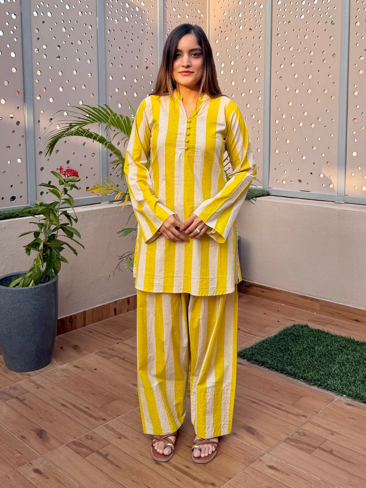 Yellow & Ivory Stripes Farshi Cord Set
