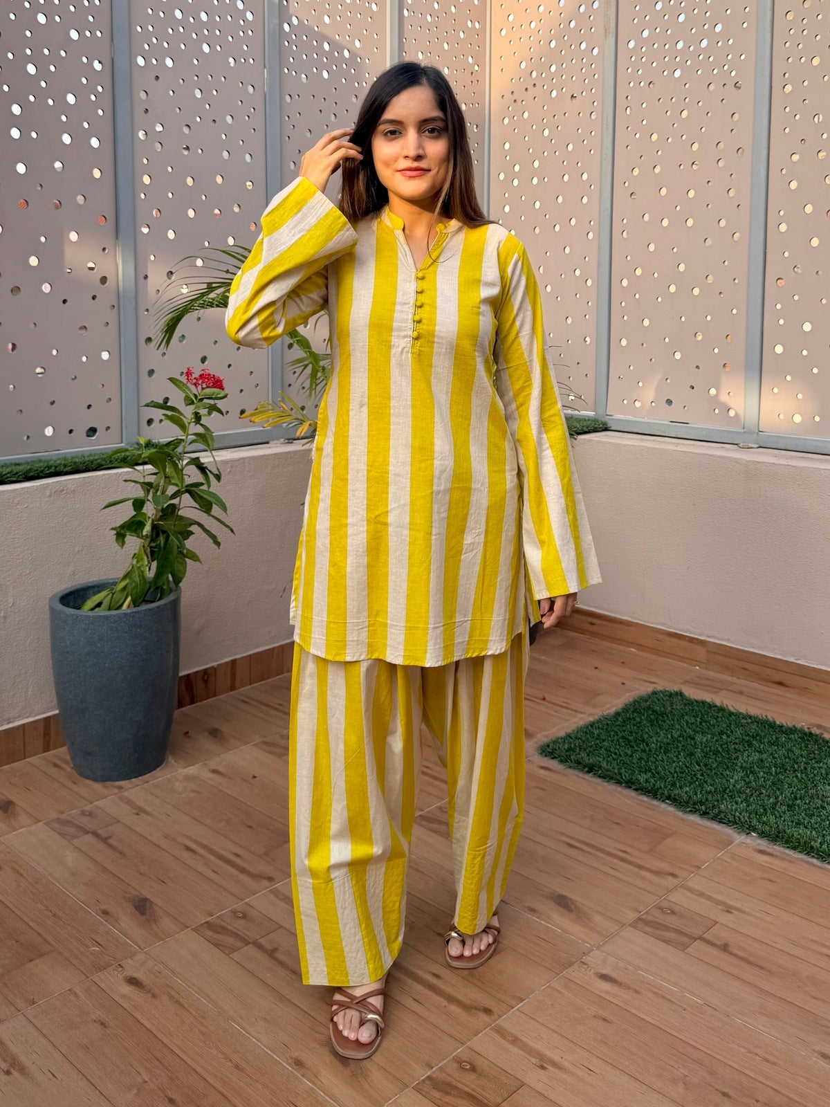 Yellow & Ivory Stripes Farshi Cord Set