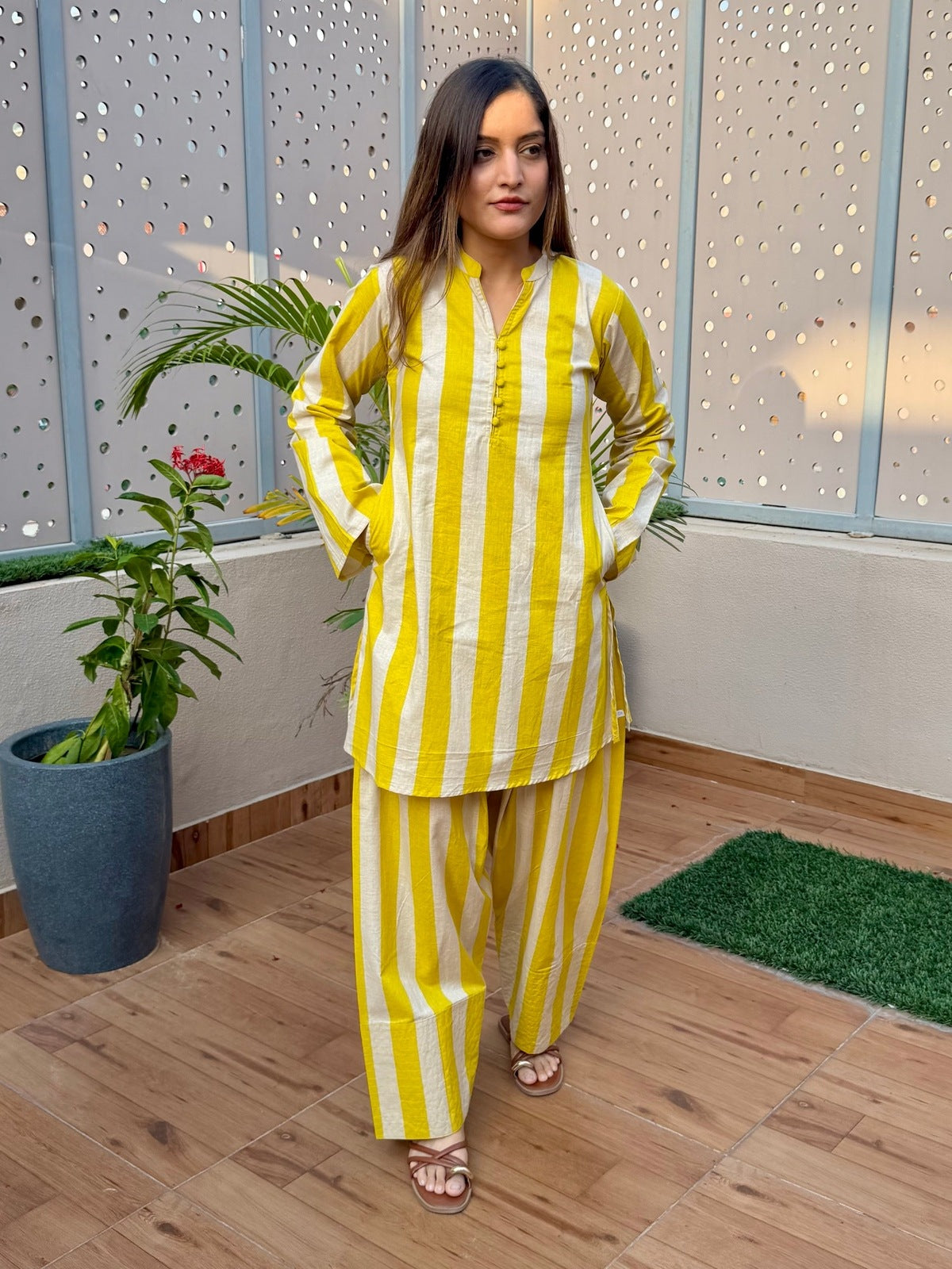 Yellow & Ivory Stripes Farshi Cord Set