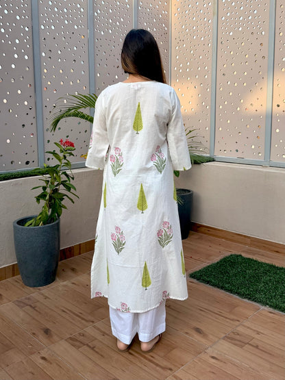 White Handblock Cotton Kurta Set