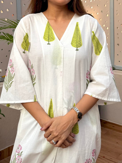 White Handblock Cotton Kurta Set