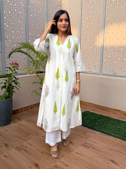 White Handblock Cotton Kurta Set