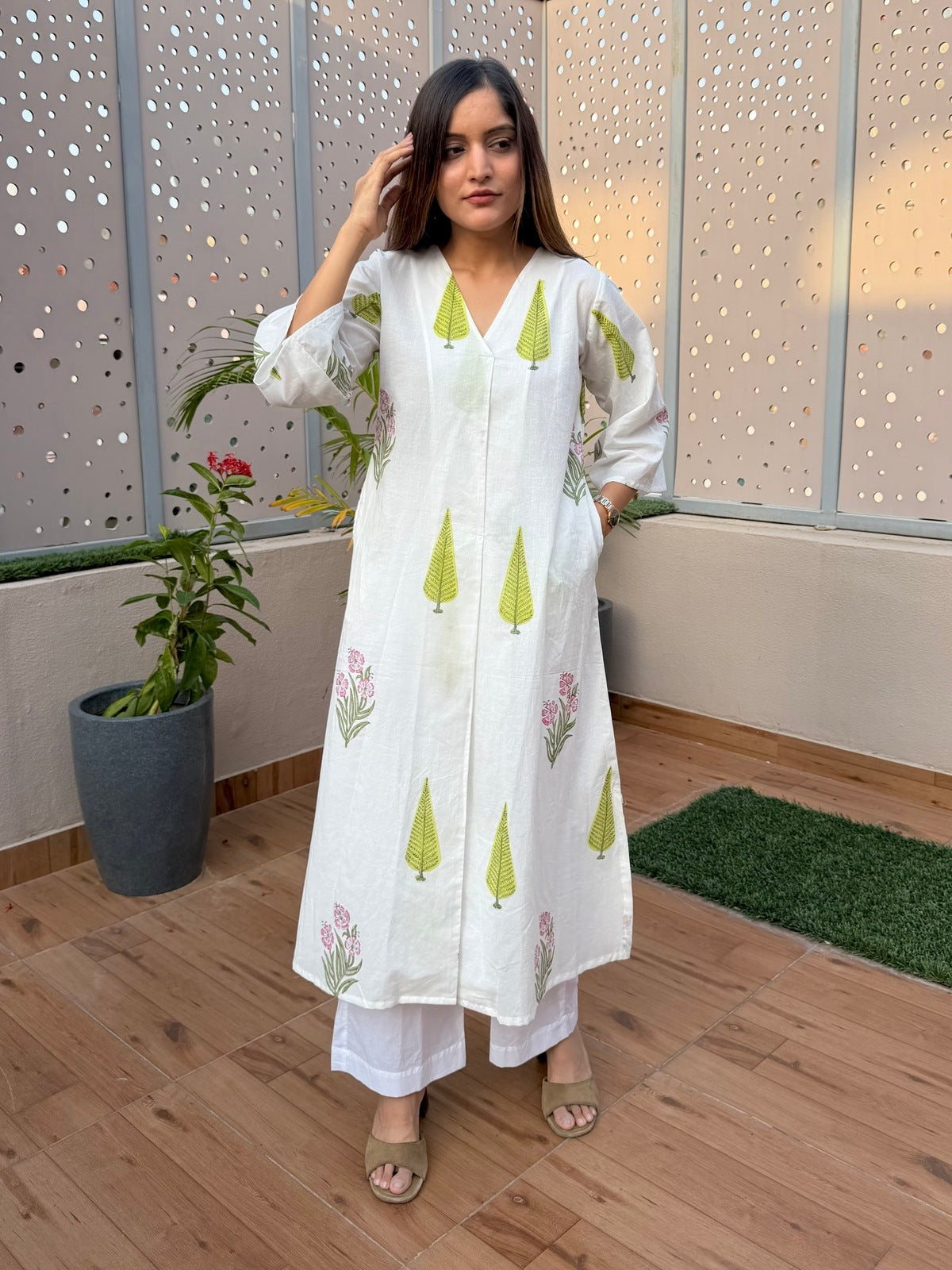 White Handblock Cotton Kurta Set