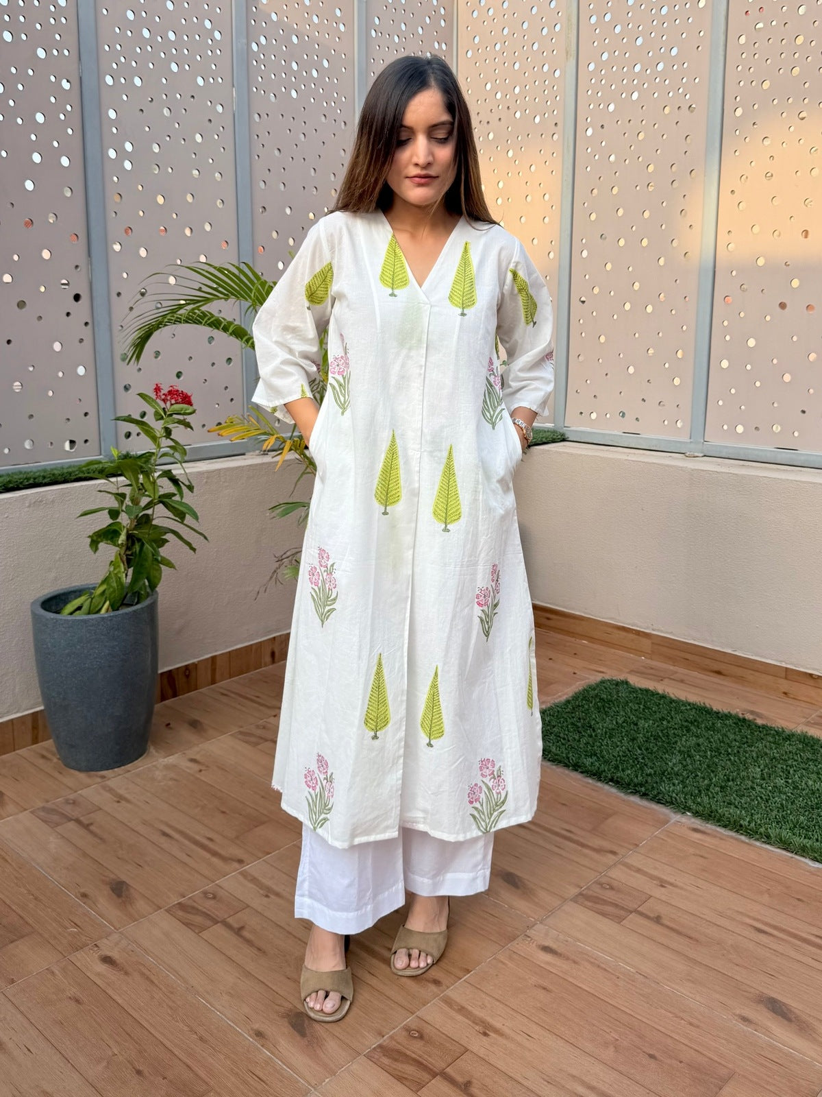 White Handblock Cotton Kurta Set