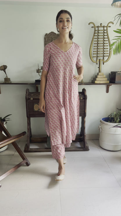 Pink Kantha Embroidered Kurta Set