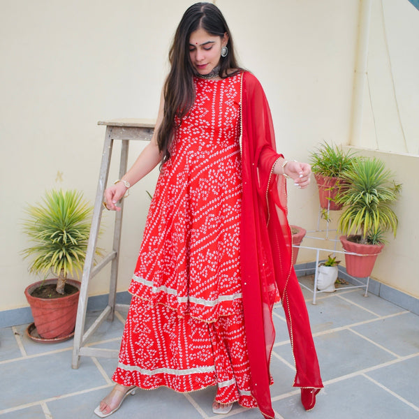 Red Bhandej Sharara Suit Set