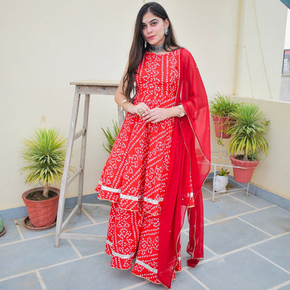 Red Bhandej Sharara Suit Set