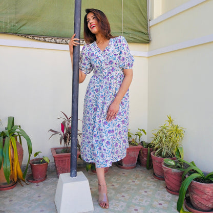 White Handblock Pleated Dress