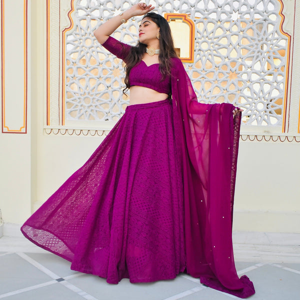 Wine Chikankari Lehenga Set