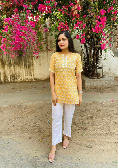 Yellow Handblock Floral Kurti