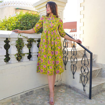 Green Handblock Frill Dress