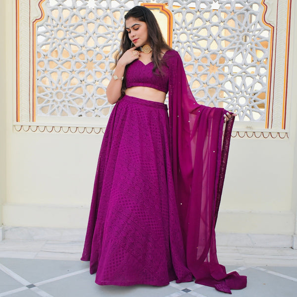 Wine Chikankari Lehenga Set