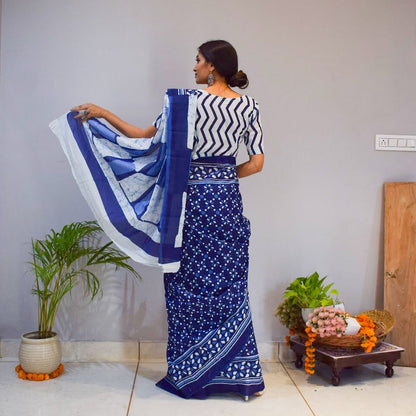 Indigo Zigzag Printed Cotton Saree