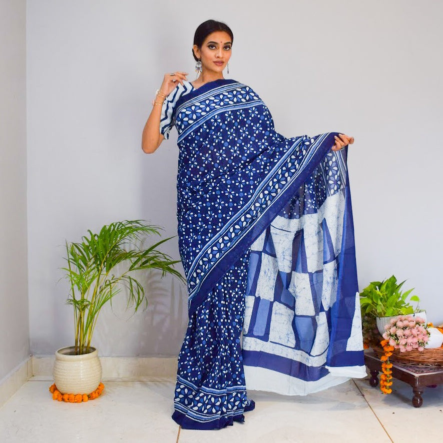 Indigo Poetry-Indigo Natural Dye Block Print Cotton Saree – Prasam Crafts