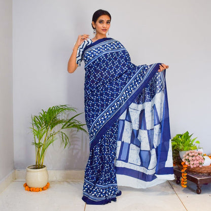 Indigo Zigzag Printed Cotton Saree