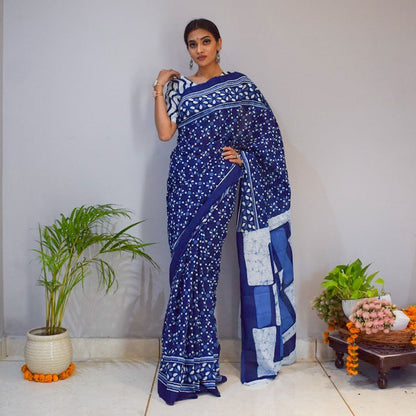 Indigo Zigzag Printed Cotton Saree