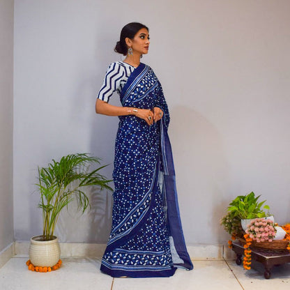 Indigo Zigzag Printed Cotton Saree