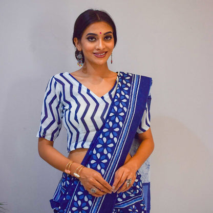 Indigo Zigzag Printed Cotton Saree