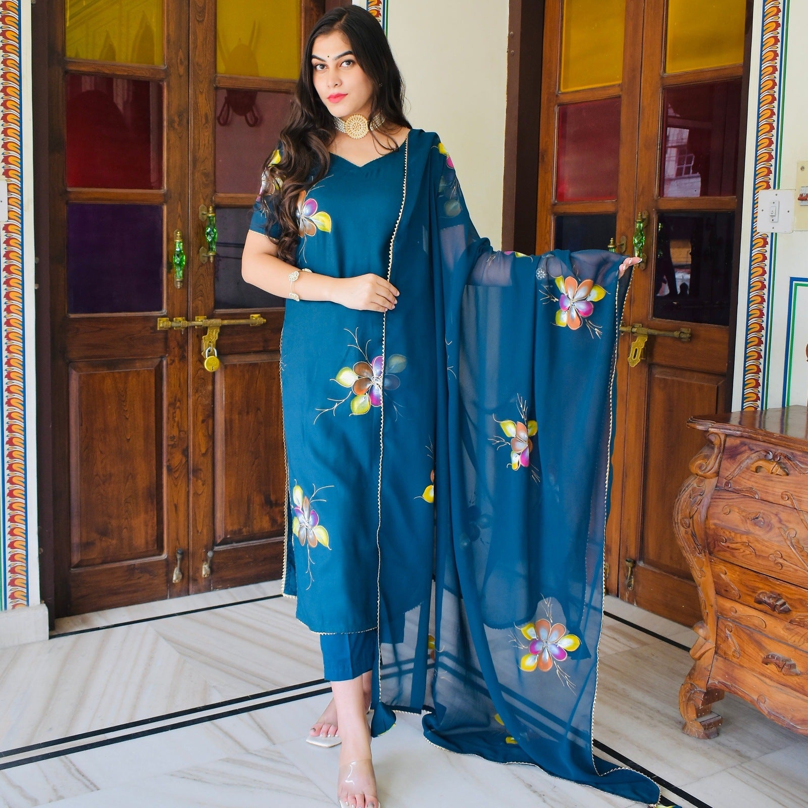 Turquoise Handpainted Suit Set