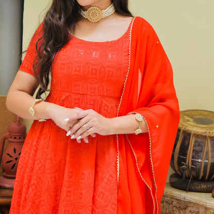 Red Chikankari Suit Set