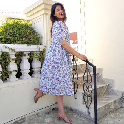 White Handblock Pleated Dress
