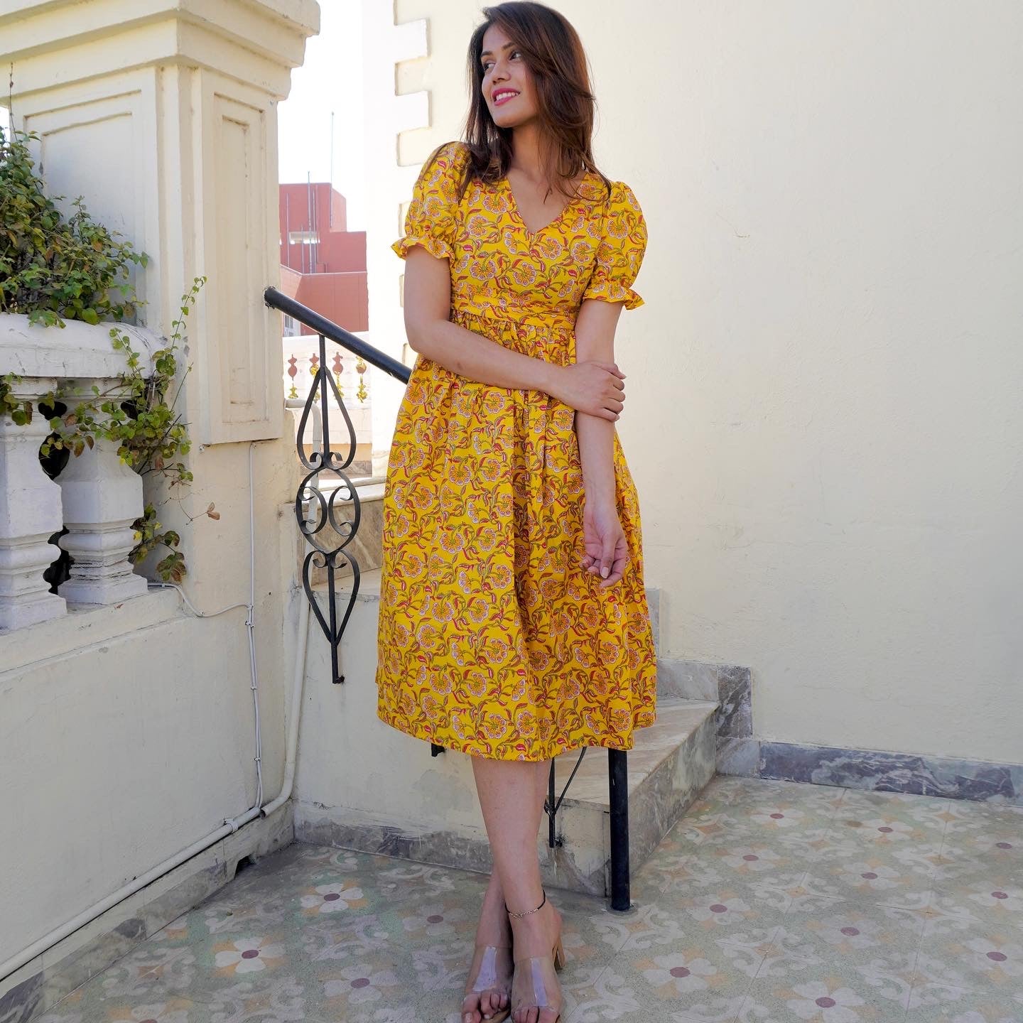 Yellow Block Pleated Dress