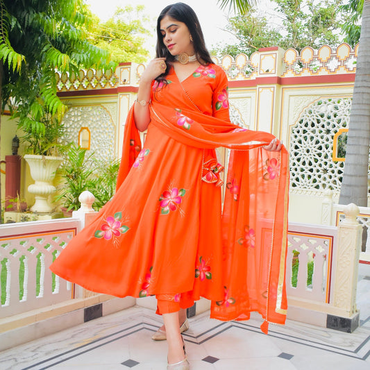 Orange Handpainted Angrakha Suit Set