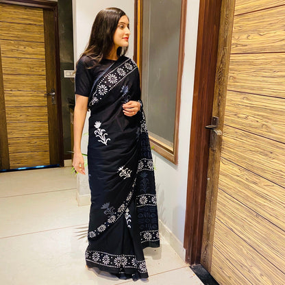 Black Bagru Handblock Saree