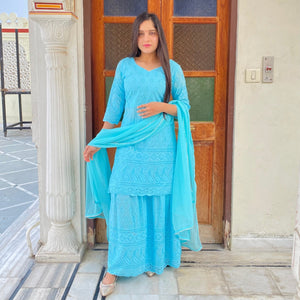Sky Chikankari Sharara Suit Set
