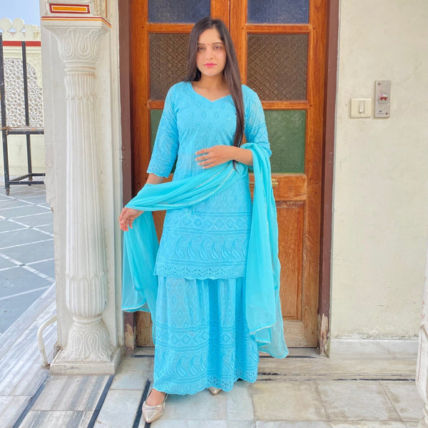 Sky Chikankari Sharara Suit Set
