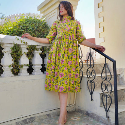 Green Handblock Frill Dress