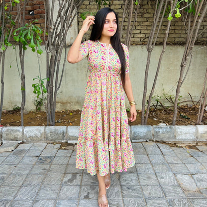 Lime Handblock Tier Dress