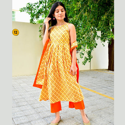 Butter Handblock Pleated Suit Set