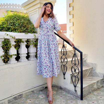 White Handblock Pleated Dress