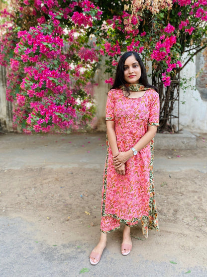 Pink Garden Handblock Suit Set