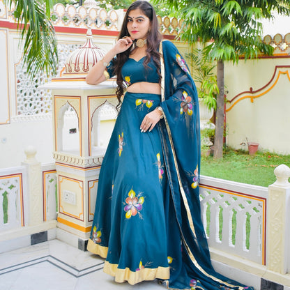 Turquoise Handpainted Lehenga Set
