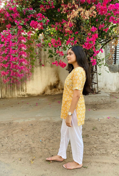 Yellow Handblock Floral Kurti