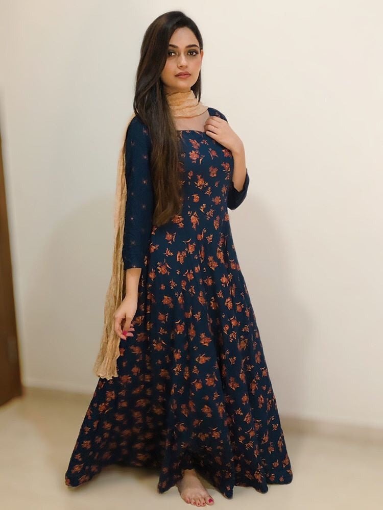 Gold Foil Floral Dress With Dupatta
