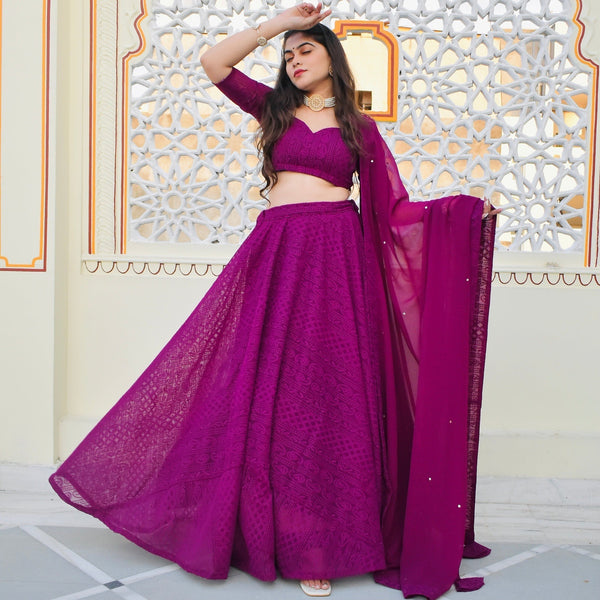 Wine Chikankari Lehenga Set
