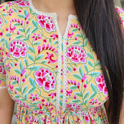 Lime Handblock Tier Dress