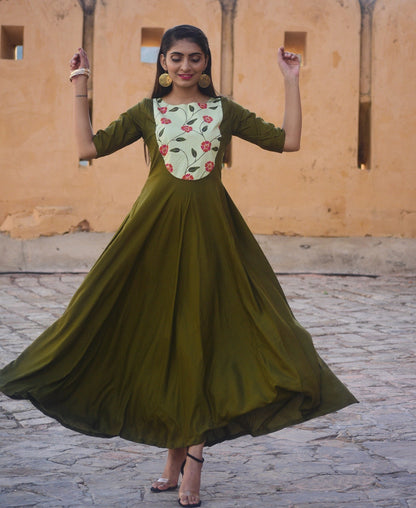 Olive Yoke Flower Dress