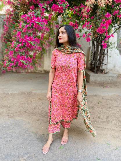 Pink Garden Handblock Suit Set