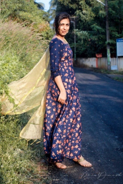 Blue Gold Foil Dress With Dupatta