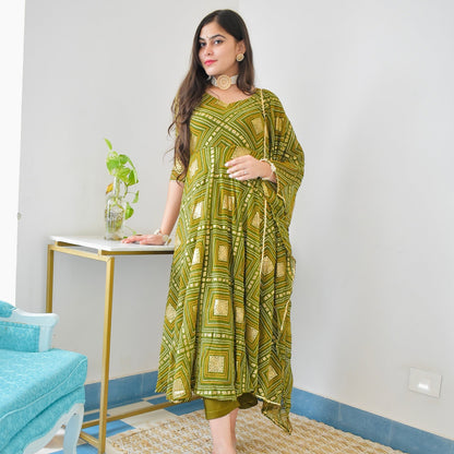 Olive Bhandej Foil Suit Set